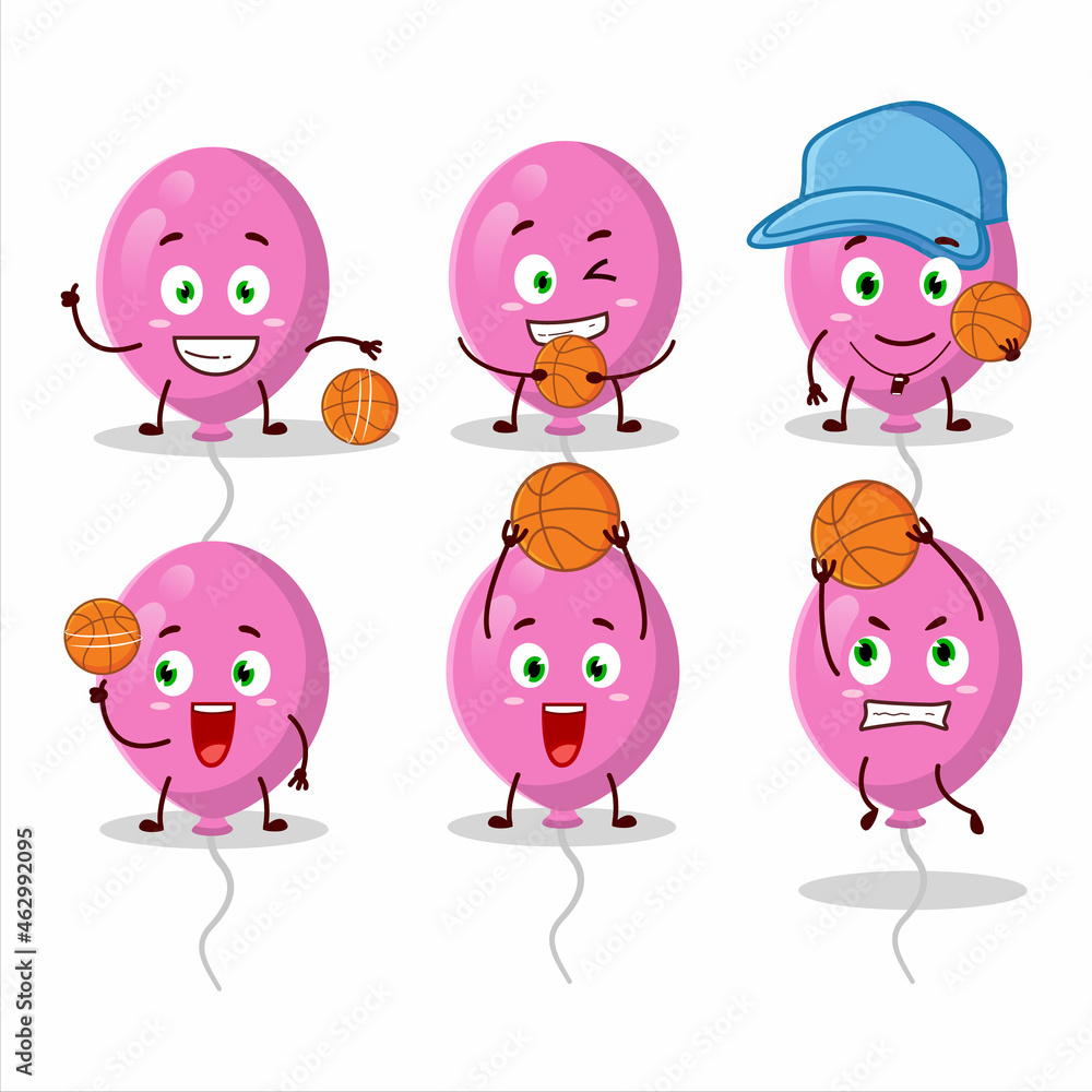 Talented pink balloons cartoon character as a basketball athlete