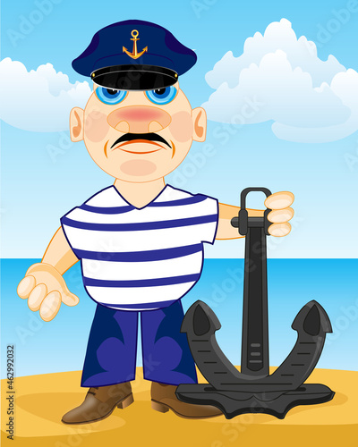 Vector illustration of the sailor with anchor ashore ocean