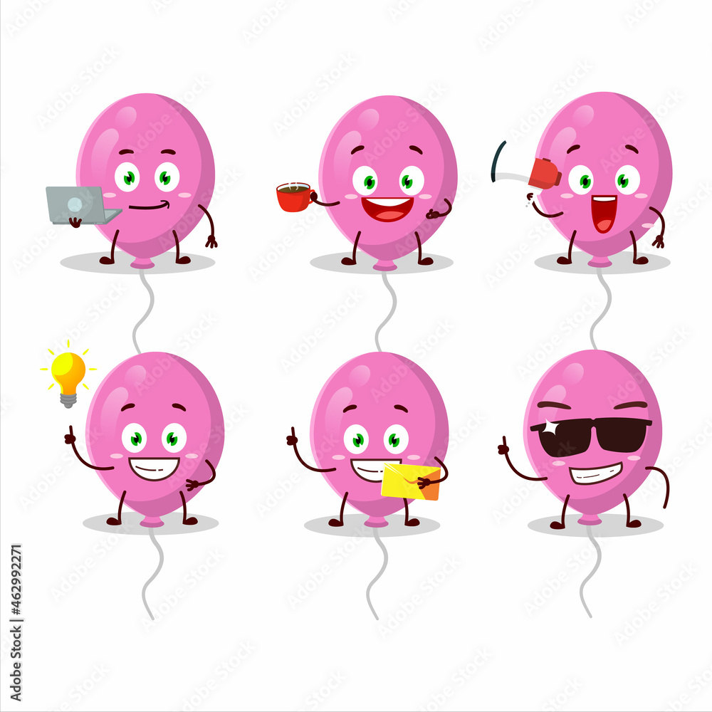 Pink balloons cartoon character with various types of business emoticons