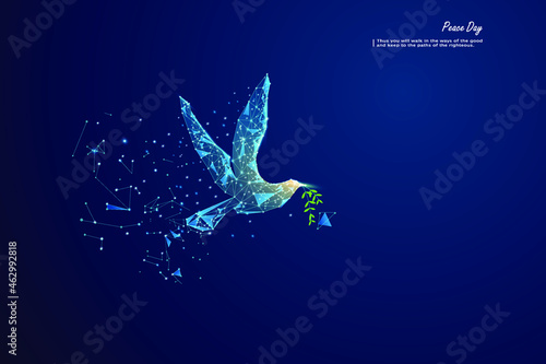 Wireframe Peace dove sign mesh from a starry on blue background. International Peace Day, Low poly style design Geometric background.