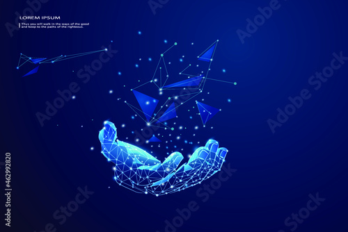Abstract giving hand. Low poly style design. Wireframe light connection structure. Isolated vector illustration.