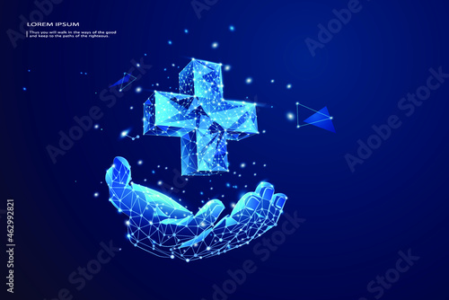 Low poly wireframe of Health insurance holding healthcare medical icon. Health insurance - health concept