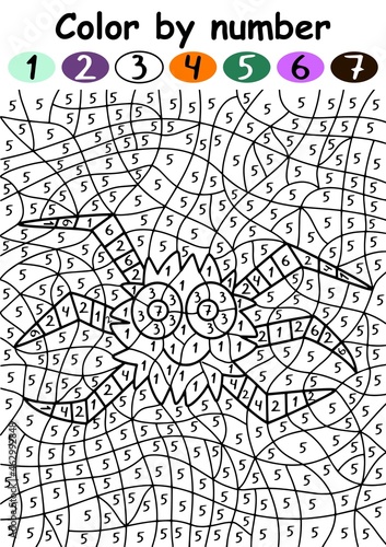 Cute spider color by number game for Halloween vector illustration. Funny cartoon spider educational puzzle with numbers for children vertical printable worksheet vector