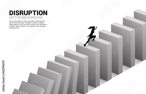 surviving business disruption. Silhouette of businesswoman running away from domino collapse. Concept of business industry disrupt