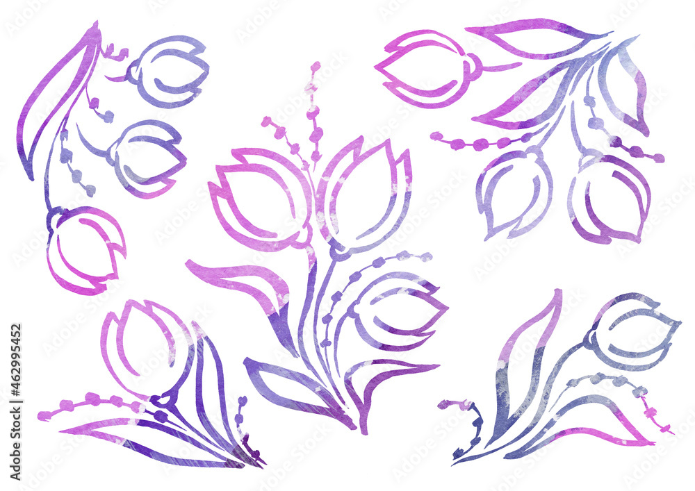 Watercolor artistic multicolor Set of floral Tulip elements in the style of line art wedding theme on a white background. Doodle and scribble. Pink, gray, purple, lilac and violet gradient Watercolour