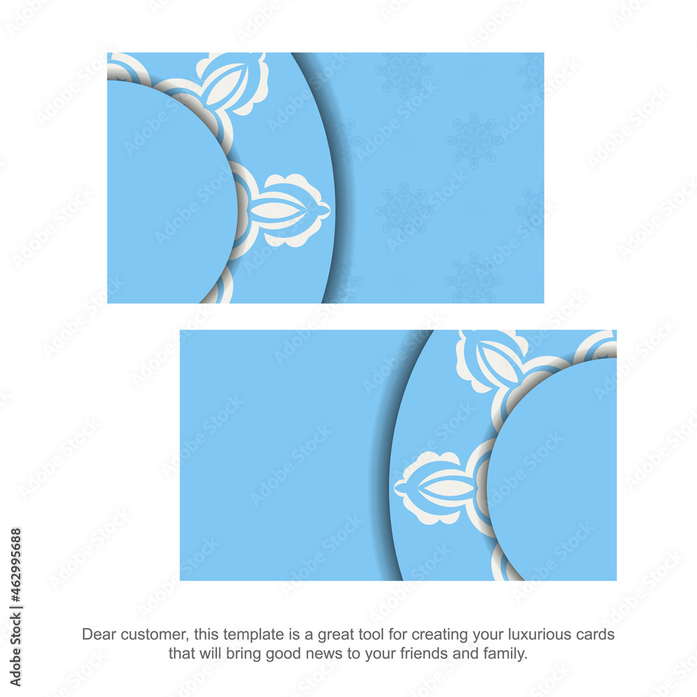 Blue business card with Indian white pattern for your contacts.