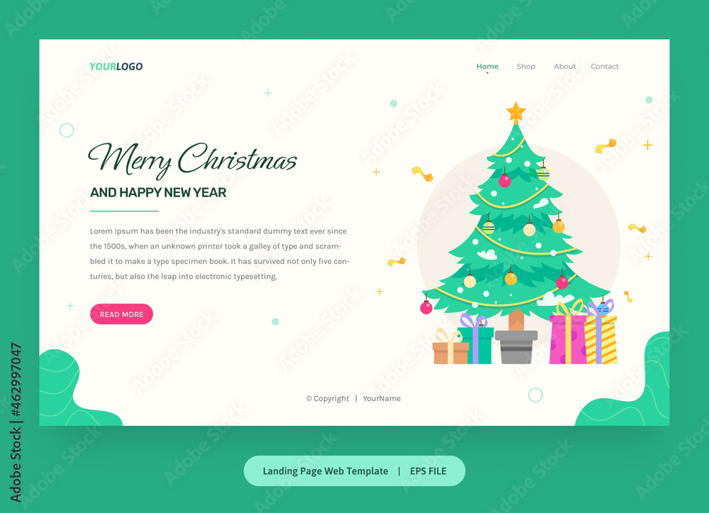 Flat Illustration, Landing Page Template with Christmas tree and gift box, used for web, app.