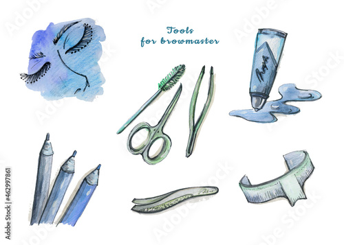 Watercolor abstract hand drawing Makeup tools set. Watercolour woman face, Make-up brush, pencil, tweezers, eyebrow ruler and scissors on white background. Gradient blue and turquoise colors