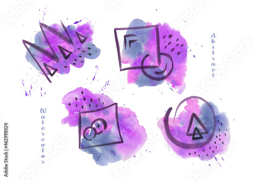 Set Watercolor paint abstract geometric elements with multicolored gradient Background on white. Violet, purple, gray and lilac blob and Spot texture. Black square, triangle and circle elements