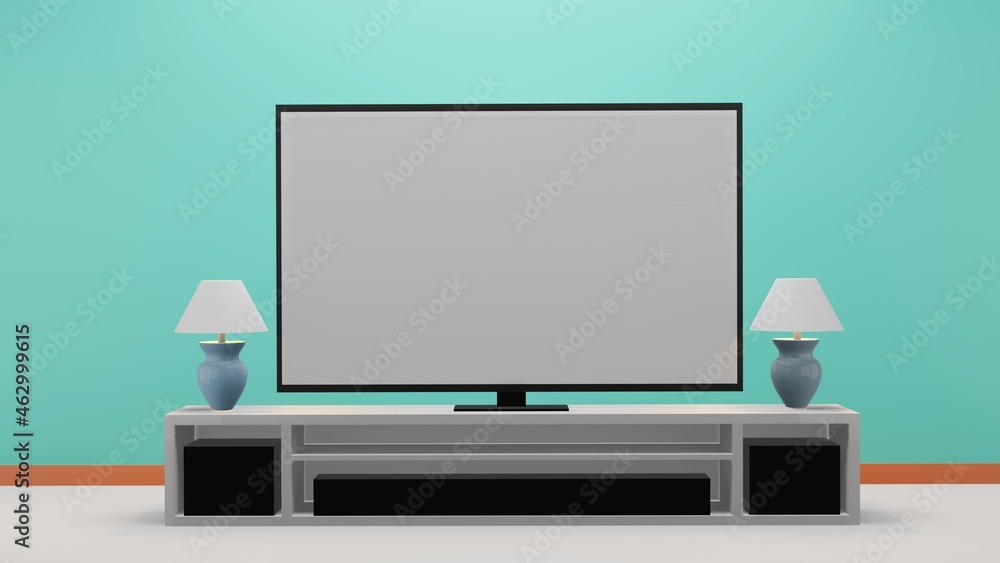 Gray screen TV for product advertisement placed on a cabinet in a modern living room with a table lamp on a blue background, 3D rendering Gray screen TV for product advertisement placed on a cabinet in a modern living room with a table lamp on a blue background, 3D rendering