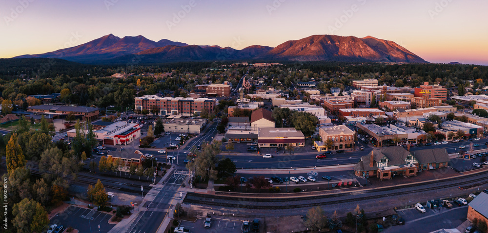 Aerial panorama of Flagstaff Arizona at dusk