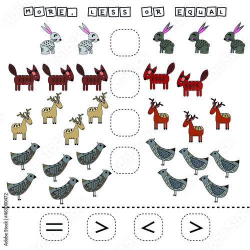 ​​Which is greater, less or equal game with funny fishes. Worksheet for preschool kids, kids activity sheet, printable worksheet
