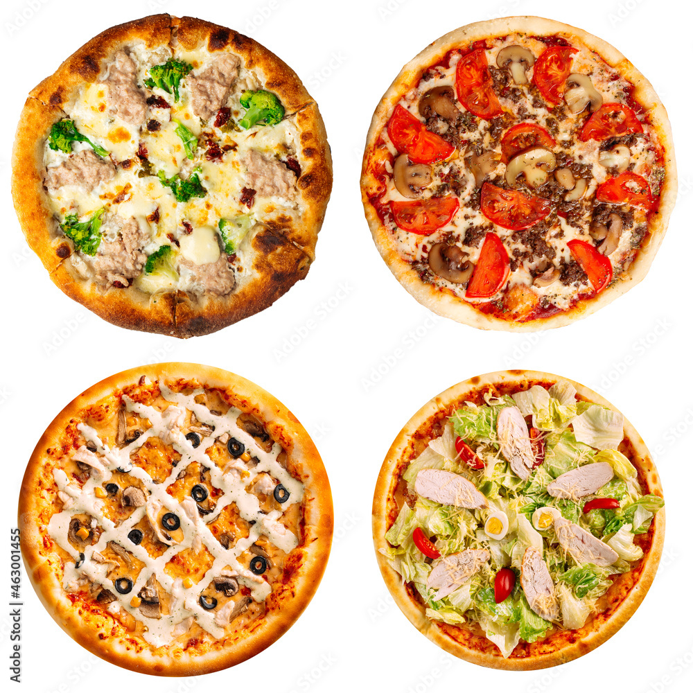 Collage set of four different pizzas for menu isolated on white Collage set of four different pizzas for menu isolated on white