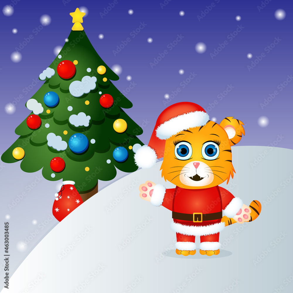The image of a cute tiger cub in a Santa costume. The concept of New Year and Christmas The image of a cute tiger cub in a Santa costume. The concept of New Year and Christmas