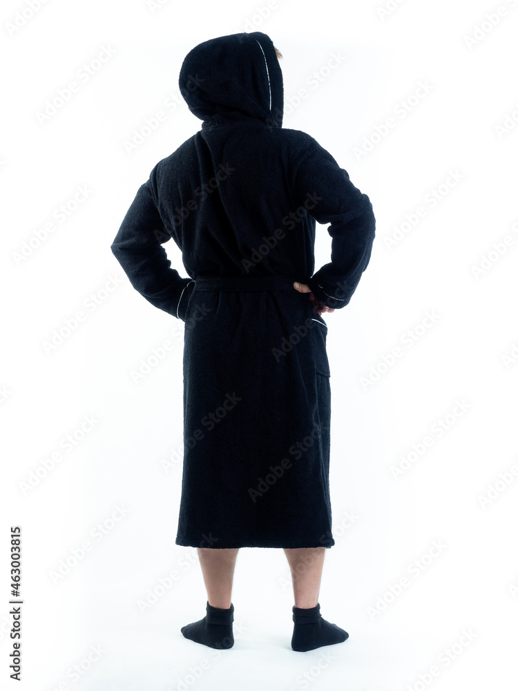 man in a Bathrobe from the back on an isolated white background. man in a Bathrobe from the back on an isolated white background.