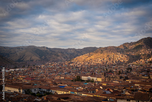 First rays of sun over the city of Cusco