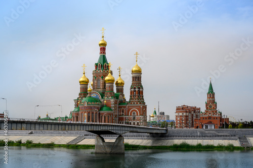 Bridge, lake and Cathedral of Archangel Gabriel and the Annunciation in Yoshkar-Ola, Russia photo