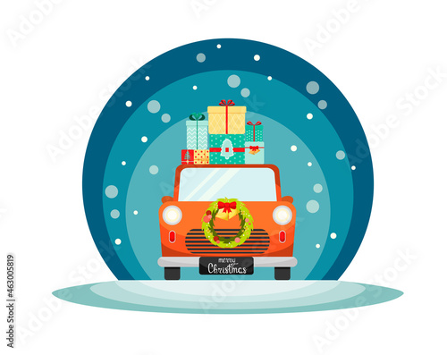 A holiday car with gifts. Flat design. Christmas card.
