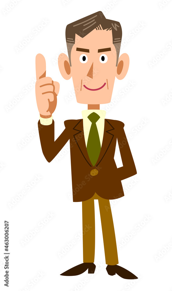 人差し指を立てる年配ビジネスマンの全身イラスト
