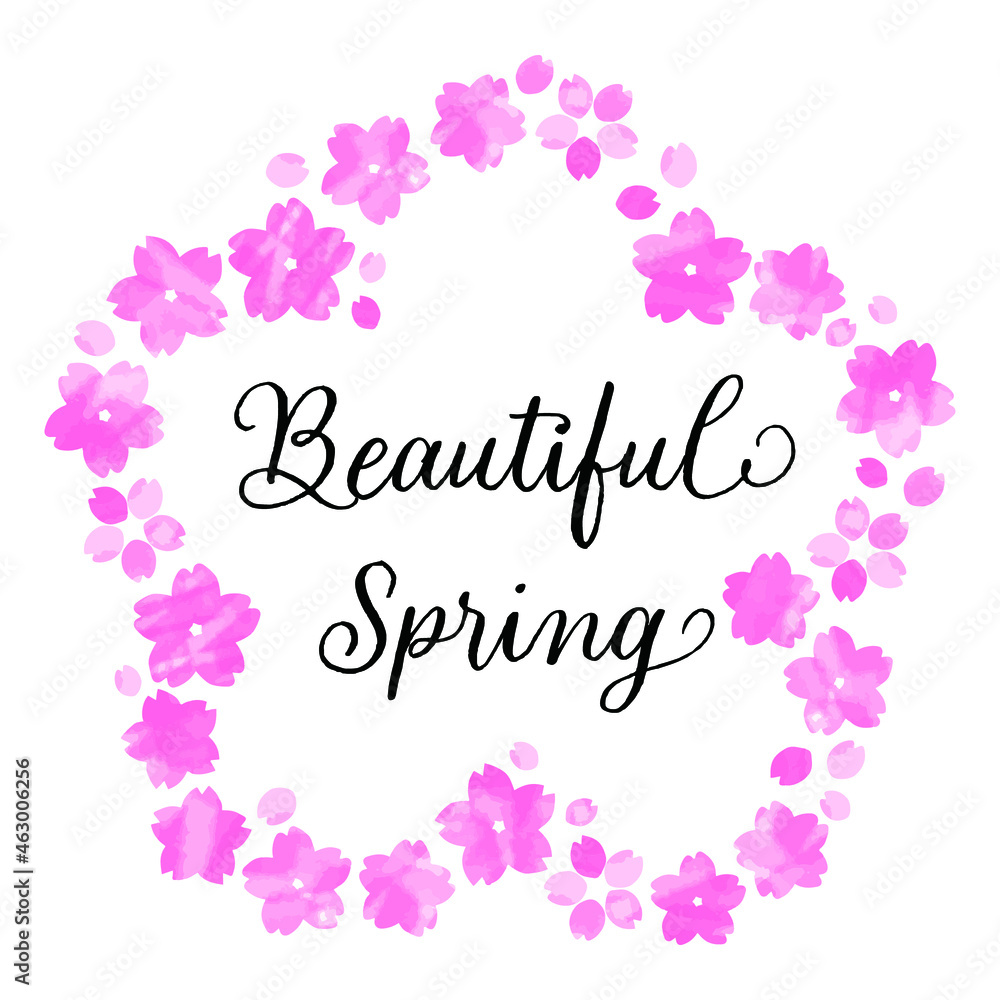 桜の形のフレームとBeautiful Springのカリグラフィー
