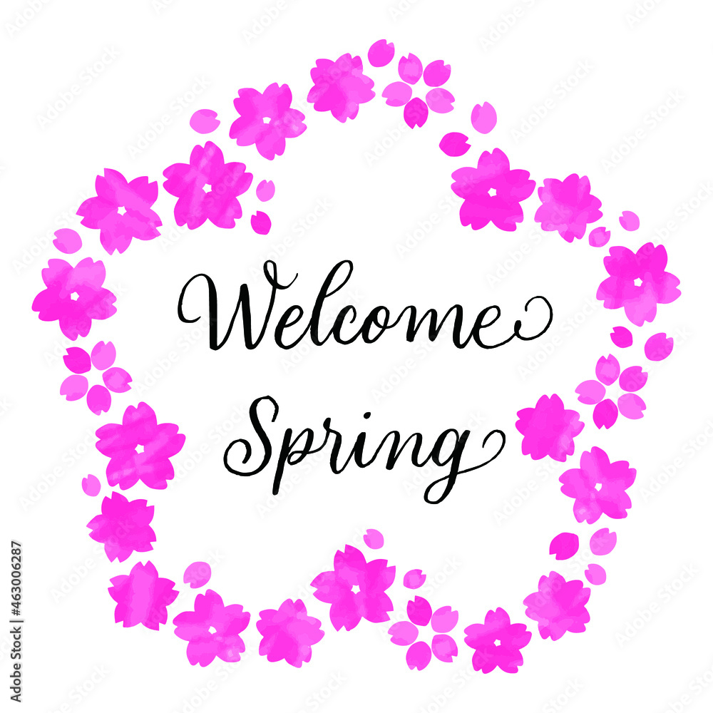 桜の形のフレームとWelcome Springのカリグラフィー
