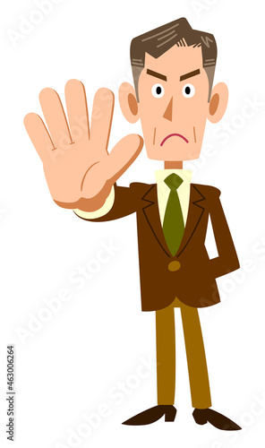 手のひらで制する年配ビジネスマンの全身イラスト
