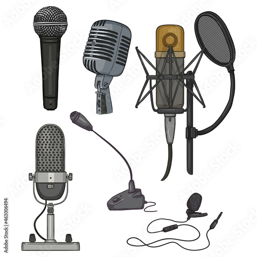 Vector Cartoon Set of Microphone Illustrations. Different Types