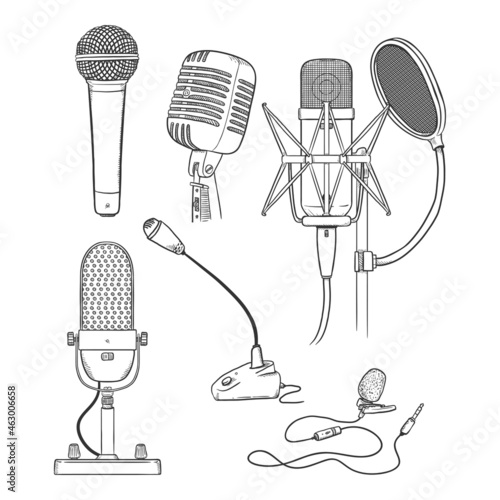 Vector Sketch Set of Microphone Illustrations. Different Types