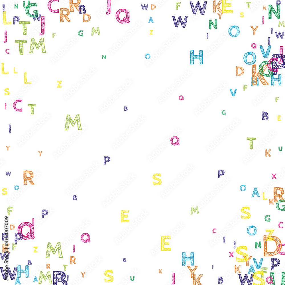 Falling letters of English language. Bright handdrawn flying words of Latin alphabet. Foreign languages study concept. Bewitching back to school banner on white background.