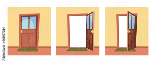 Set of doors. Open, half ajar and locked. From inside of room at home. Light wall. Way is open. Cartoon style. Vector
