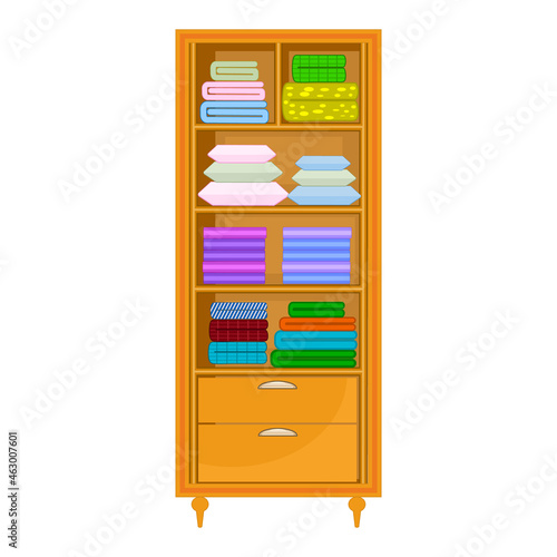 Closet with bedding isolated on black background. Shelves with blankets, duvets, sheets, pillows and towels. Open cupboard. Chests of drawer for bed clothes.Bedroom furniture.Stock vector illustration