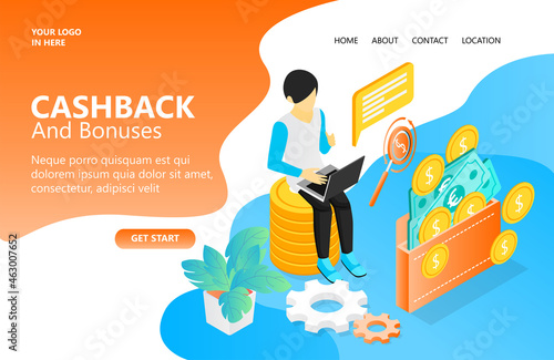 Illustration of a man getting cashback by working on his laptop
