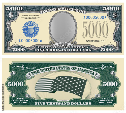 Fictional template obverse and reverse of US paper money. Five thousand dollar banknote. Empty oval, stars-striped flag and guilloche frames. Madison