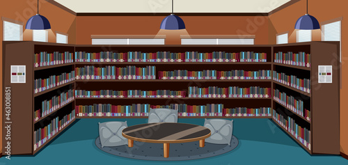 Empty library interior design with bookshelves