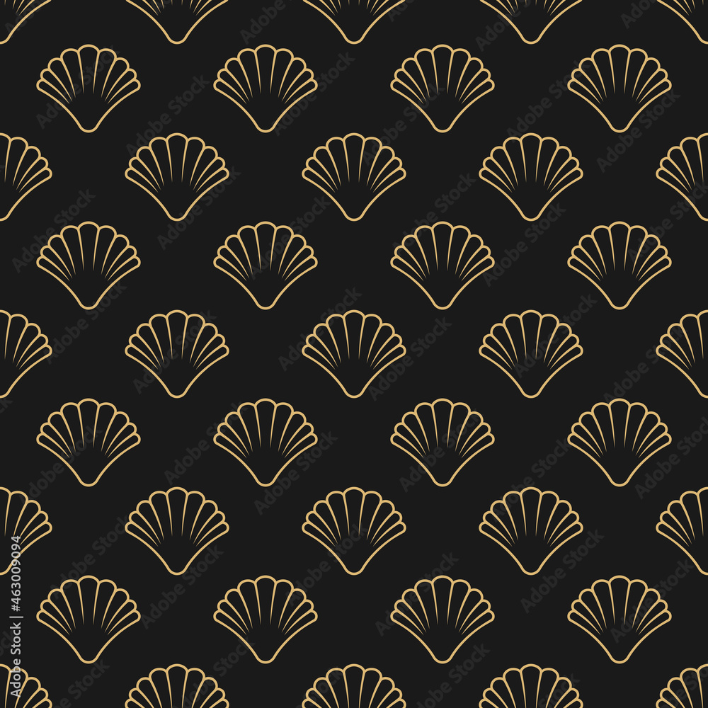 Seamless golden pattern with sea shell on black background. Seamless golden pattern with sea shell on black background.