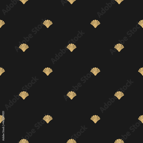 Seamless golden grunge pattern with sea shell on black background.
