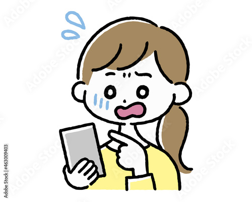 スマートフォンを操作しながら焦っている女性のイラスト
