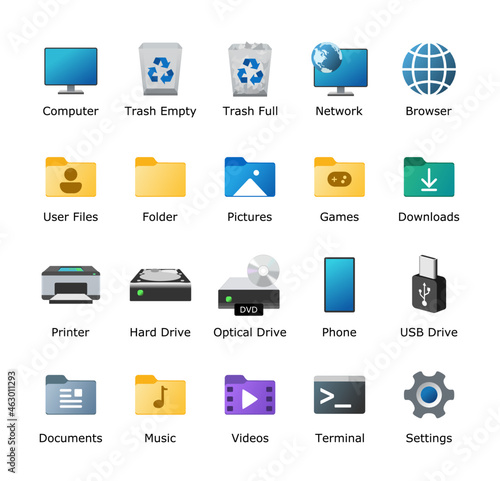 Desktop icon pack. My computer folder theme. Linux customization icons. PC shortcut signs. System software and devices. New eleven inspired vector illustrations.
