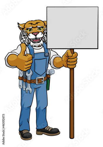 Wildcat Cartoon Mascot Handyman Holding Sign