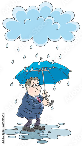 Unlucky sad man with an umbrella standing in a puddle under a rain cloud on a day for failure, vector cartoon illustration on a white background photo