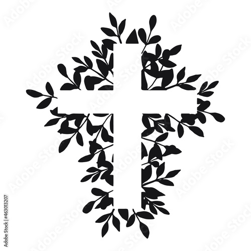 Cross. Black floral religious cross isolated. Christian symbol for Baptism, First Communion, Easter, or Christmas design. Catholic object. Orthodox cross with branches and leaves.