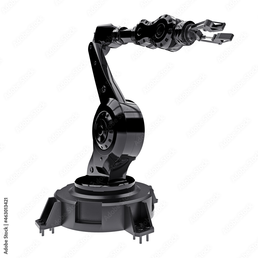 Robotic black arm for any work in a factory or production. Mechatronic equipment for complex tasks. 3d illustration. Robotic black arm for any work in a factory or production. Mechatronic equipment for complex tasks. 3d illustration.