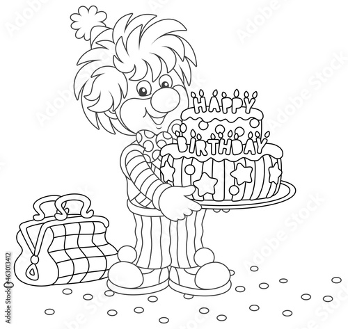Friendly smiling circus clown in a funny suit with a decorated sweet birthday cake for dessert on a party, black and white outline vector cartoon illustration for a coloring book page