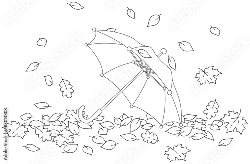 Toy kids umbrella among fallen autumn leaves in a park, black and white outline vector cartoon illustration for a coloring book page