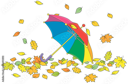 Toy kids umbrella among colorful fallen autumn leaves in a park, vector cartoon illustration isolated on a white background