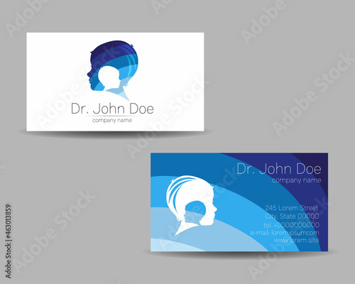 Vector Business Visit Card Human Head Modern logo Creative style. Kid Child Profile Silhouette Design concept. Brand company. Blue color isolated on gray background Symbol for web, print.