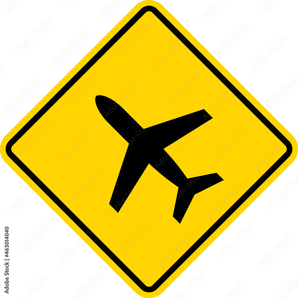 Aircraft low flying sign. Yellow diamond background. Road signs and symbols.