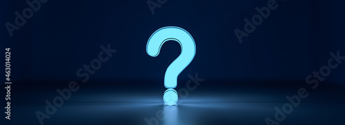 Photographie Blue glowing question mark on dark background with empty copy space, FAQ Concept