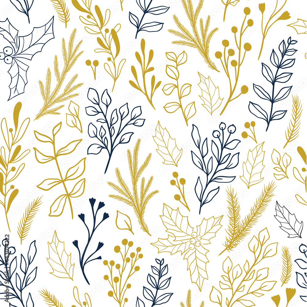 Winter seamless botanical pattern with Christmas plants and berries, mistletoe, poinsettia,eucalyptus, holly. Vintage doodle fabric pattern, New year wrapping paper. Rustic style vector illustration. Winter seamless botanical pattern with Christmas plants and berries, mistletoe, poinsettia,eucalyptus, holly. Vintage doodle fabric pattern, New year wrapping paper. Rustic style vector illustration.
