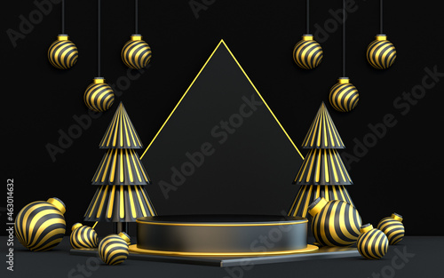 winter merry Christmas luxury dark and gold podium display for product presentation. 3d rendering